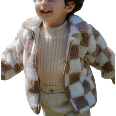 0-1M Outerwear Shein Baby Boy Plaid Print Zip-Up Long Sleeve Fuzzy Jacket