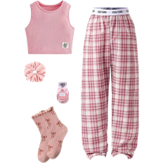 Shein Casual Teen Girl Classic Plaid Pants And Solid Sleeveless Vest Homewear Set