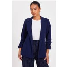 Natural - Women Blazers Quiz Women's Navy Petite Ruched Sleeve Blazer