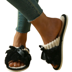 Shein Women's Rabbit Fur Bow Slip-On Slippers - Black
