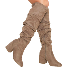 Beige - Suede High Boots Shein Shuzia Women's Almond Toe High Block Heel Knee High Faux Suede Boots - Khaki