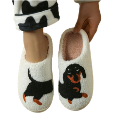 Shein Plush Dachshund Embroidered Thick Sole Checkered Furry Indoor Slippers - Black/White