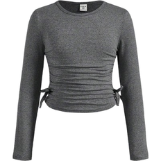 Shein pcs Tween Girls Casual Crew Neck Ruched Long Sleeve Fitted Knit Top Bell Bottom Pants Set