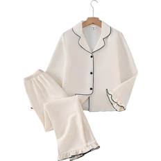 Shein Tween Girls Casual Contrast Color Edge Ruffle Collar Cardigan Homewear Set - Apricot