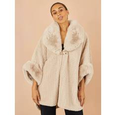 Polyester - Women Capes & Ponchos Yumi Beige Textured Fur Lined Cape - Small/Medium