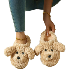 Shein Cute Wind Plush Camel Color Teddy Dog Fashion Home Indoor And Outdoor Home Comfortable Ladies Slippers - Camel