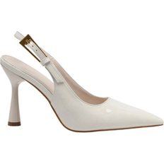 Shein Women Pointed Toe Fashion Buckle Patent Leather Heeled Slingback Shoes - White