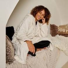 Beige Robes OHS Cable Knit Dressing Gowns Fleece Loungewear Hooded Bathrobe - Cream