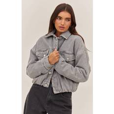 PrettyLittleThing Grey Balloon Hem Quilted Cropped Denim Jacket