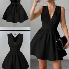 Shein Chiquease Women Romantic Elegant Sexy Wedding Guest Solid Criss-Cross V-Neck Sleeveless A-Line Mini Dress - Concert Outfit