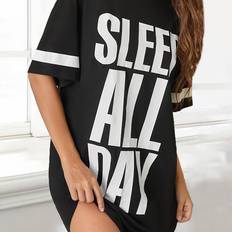 XXL Nightgowns Temu Women's Sleep Dress Round Neck Short - Black
