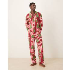 Polyester - Unisex Pyjamasser Chelsea Peers Pyjamassæt Langærmet Skjorte Reverskrave Bukser Juleprint Bamser - Rød
