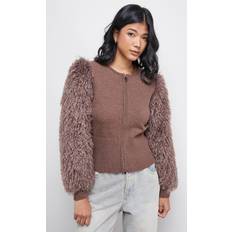 Beige - Women Cardigans Warehouse Zip Up Fluffy Sleeve Cardigan Sweater - Khaki