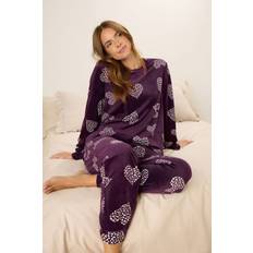 Brown - Women Pyjamas M&Co Women's Heart Print Fleece Pyjama Set - Burgundy
