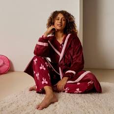 Brown - Women Robes OHS Piped Edge Dressing Gown Flannel Fleece Bathrobe - Burgundy
