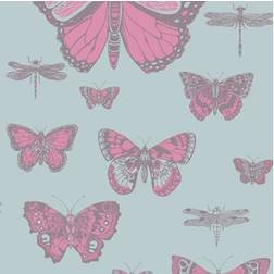 Cole & Son Butterflies Dragonflies Wallpaper Whimsical Bright pink on blue 103/15062 Roll