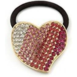 Avalaya Large Gold Plated Clear & Pink Crystal Heart Pony Tail Hair Elastic/Bobble