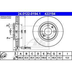 ATE Disque de frein 24.0122-0194.1 266,0 22,0 4 108,0 Ventilé Revêtu