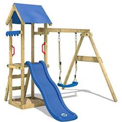 Wickey Aire de jeux Portique bois TinyWave avec balançoire et toboggan bleu Maison enfant exterieur avec bac à sable, échelle d'escalade &