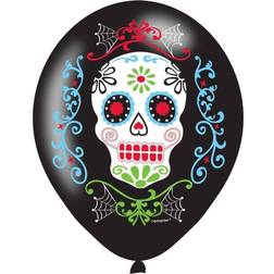 Amscan 6x Zwarte horror ballonnen Day of the dead sugarskull print 27,5 cm