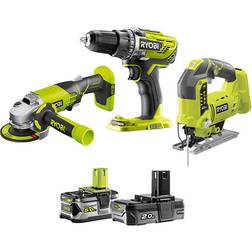 Ryobi Pack 18V One Perceuse-visseuse Meuleuse Scie sauteuse pendulaire 2 batteries 1 chargeur rapide R18CK3C-252S