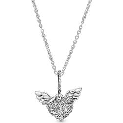 Pandora Pavé Heart & Angel Wings Necklace - Silver/Transparent