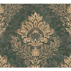 Living Walls Papier peint à motif damassé doré Tapisserie baroque noir & or idéale salon Papier peint vintage avec relief baroque Vert, Or