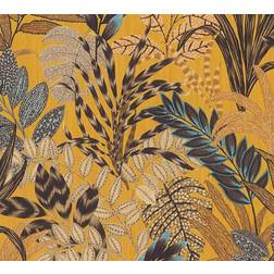 Living Walls Papier peint intissé vinyl feuilles tropicales jaune ocre, bleu et beige 53 cm x 10,05 m