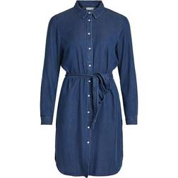Vila Bista Tie Waist Denim Dress - Blue/Dark Blue Denim
