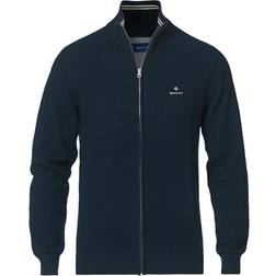 Gant Cotton Pique Full Zip Sweater - Evening Blue