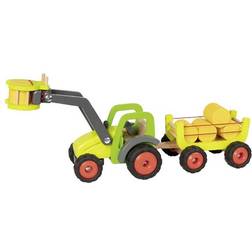 Goki 55887 Frontlader mit Heuwagen gelb Holz