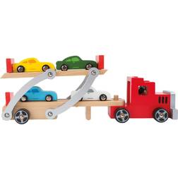 Small Foot 4222 Wooden car transporter, with movable loading ramp, detachable trailer and 4 cars