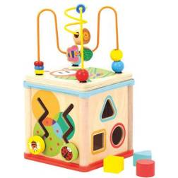 Bino 84211 Wooden Activity Cube with Clock. Learning Toy for Children from 12 Month for Developement of Fine Motor Skills. Size:15,3x15,3x30 cm