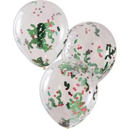 Ginger Ray Latex Ballons Christmas Holly and Berries Confetti Transparent/Green 5-pack