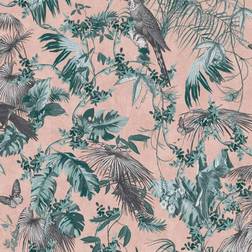 Dutch Wallcoverings Wallpaper Leaves and Birds Green and Pink