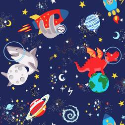 Space Animals Rocket Shark Sloth Star Wallpaper Navy 90922 Holden Decor