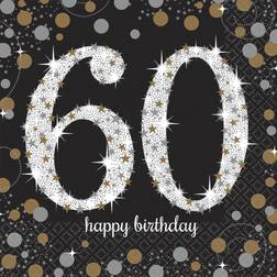 Amscan 16x stuks 60 jaar verjaardag feest servetten zwart met confetti print 33 x 33 cm