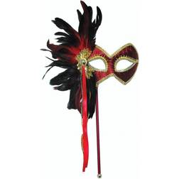 Bristol Novelty Womens/Ladies Stick Mask And Feathers (One Size) (Red/Gold/Black)