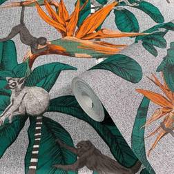 Noordwand Wallpaper Monkey Jungle Leaves Green and Grey Topchic