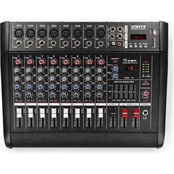 Vonyx AM8A Table de mixage 8 canaux avec amplificateur 1000 Watts intégré Bluetooth, MP3/USB/SD, 16 effets digitaux, Entrée RCA