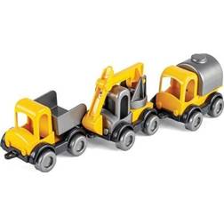 Wader 60021 Kid Cars Set Construction Site, 3 Yellow Vehicles with Dumper Crane and Trantransport, Sturdy Steel Axles, from 12 Months, Ideal as a Gift for Creative Play