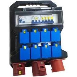 Solar Byggepladstavle 32A 1x32A 5 Polet CEE indtag, 1x32A 5 Polet CEE stik, 1x13A afsikret CEE stik, 8x13A 230V Stik med dansk jord