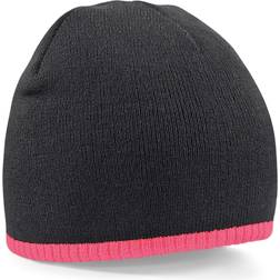 Beechfield Plain Basic Knitted Winter Beanie Hat - Black/Fluorescent Pink