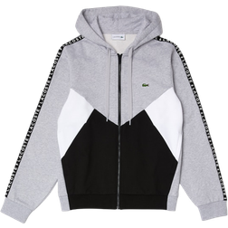 Lacoste Hooded Colorblock Lettered Fleece Zip Sweatshirt - Grey Chine/Black/White