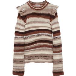 Chloé Ruffled Striped Cashmere-Blend Sweater - Brown