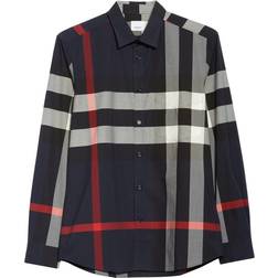 Burberry Check Stretch Cotton Poplin Shirt - Navy