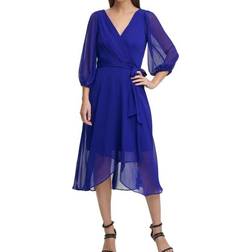 DKNY Balloon-Sleeve Faux-Wrap Dress - Berry Blue