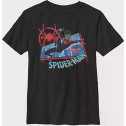 Fifth Sun Big Boy's Marvel Spiderverse Miles Kick Above City Short Sleeve T-Shirt - Black