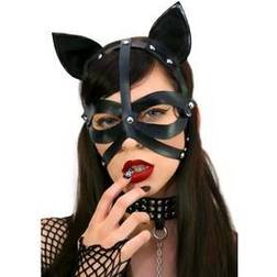 Wet Look Harness Cat Mask Black