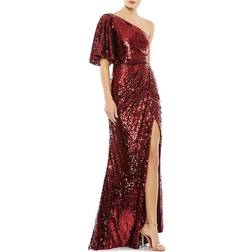 Mac Duggal One-Shoulder Bell Sleeve Sequin Gown - Burgundy